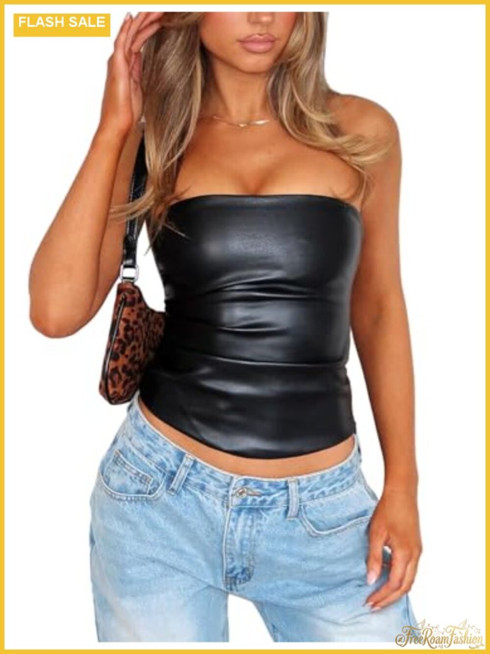 Faux Leather Tube Top Strapless Ruched Bandeau Crop Top